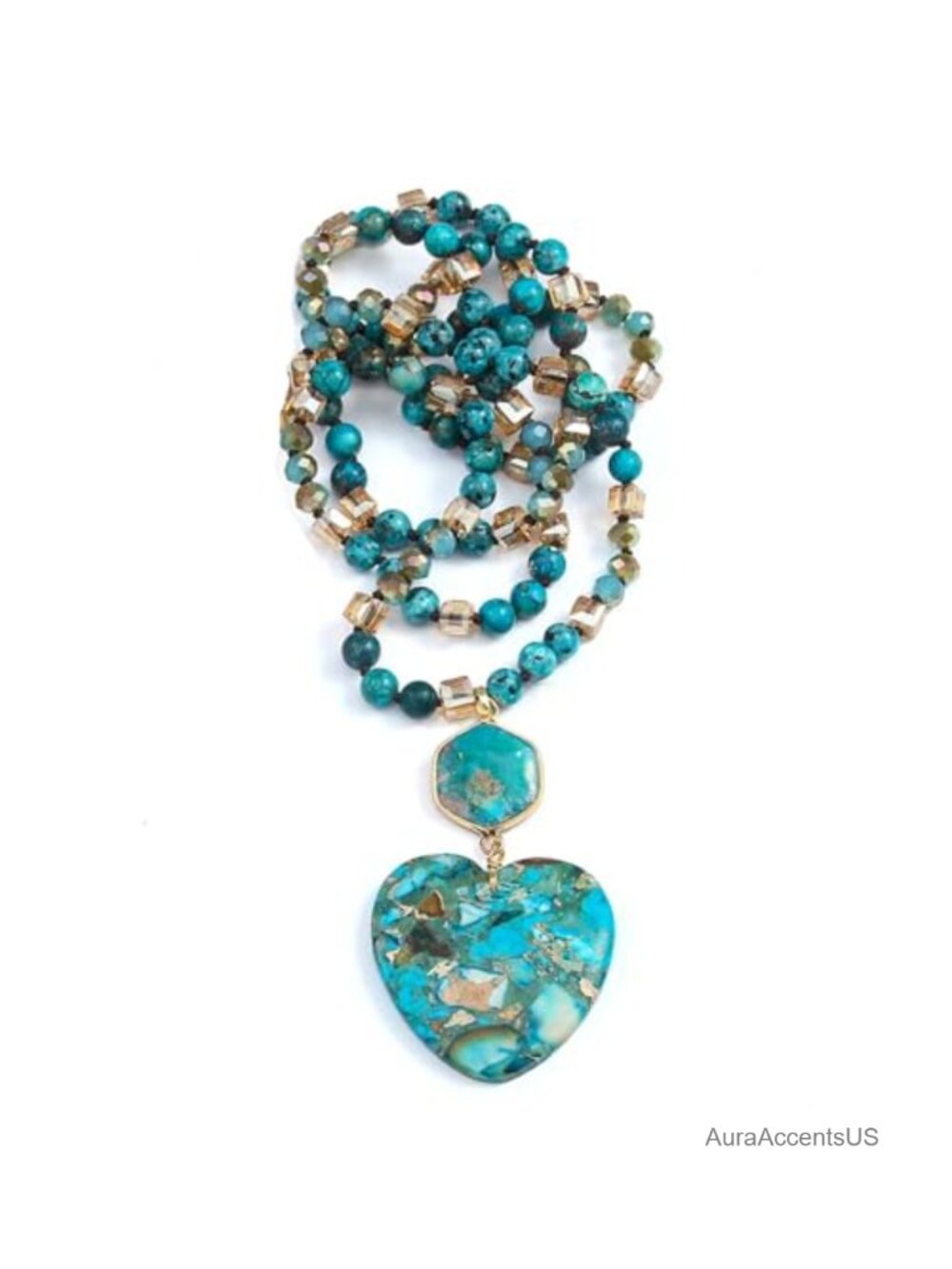 Bohemian Natural Stone Beaded Heart Pendant Necklace 35 Inch